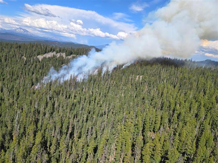 A tree-covered slope. Wildfire smoke is visible.