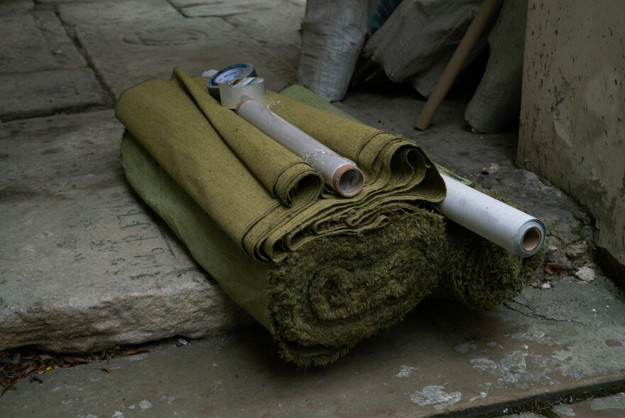 Materials that will be used to wrap an altar at Lviv's Armenian Cathedral.