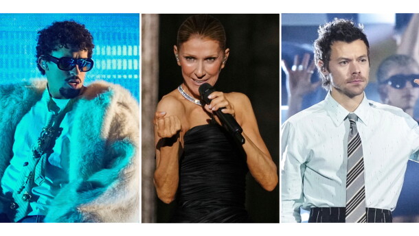 This combination of images shows performers, from left, Bad Bunny, Celine Dion, and Harry Styles. (AP Photo)
