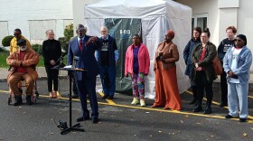 Jerome Wright, co-director of the HALT Solitary Campaign and a former prisoner who spent time in solitary confinement, speaks outside Elim Christian Church in Buffalo, where the campaign stopped to call on New York State to honor the HALT Act, which puts restrictions on the use of solitary confinement in prisons. Among those standing behind him were former prisoners who also spent time in solitary confinement or supporters seeking enforcement of the HALT Act.