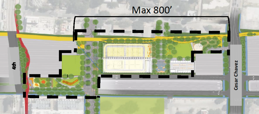 An overhead view of a cap from Cesar Chavez to Fourth Street showing some of the cap notched out to reduce the overall size.