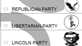 Image from a sample ballot displaying the straight-party voting emblems for Indiana’s 2026 general election.