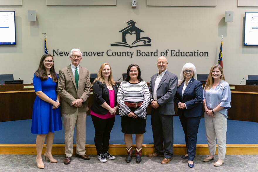 NHC school board (left to right) Josie Barnhart, Hugh McManus, Stephanie Walker, Stephanie Kraybill, Pete Wildeboer, Pat Bradford, Melissa Mason