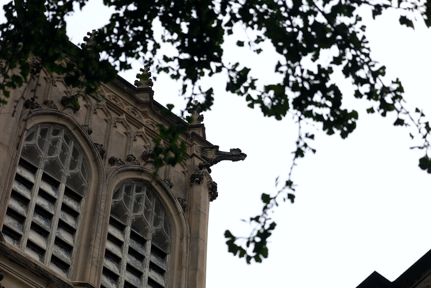 The stone decorations along one of the spires of the Walnut Street Baptist Church in Louisville.