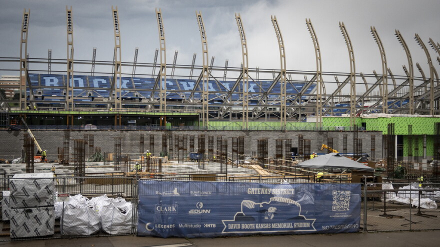 Long shot of David Booth Memorial Stadium at KU under construction