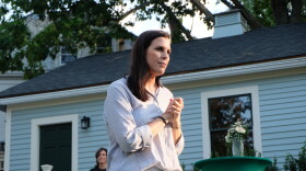 Stefany Shaheen speaking to her supporters during a house party in Portsmouth, NH in July 2026.