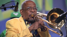 Trombonist Fred Wesley performs during the Newport Jazz Festival, Sunday, Aug. 4, 2024, in Newport, R.I. (AP Photo/Steven Senne)