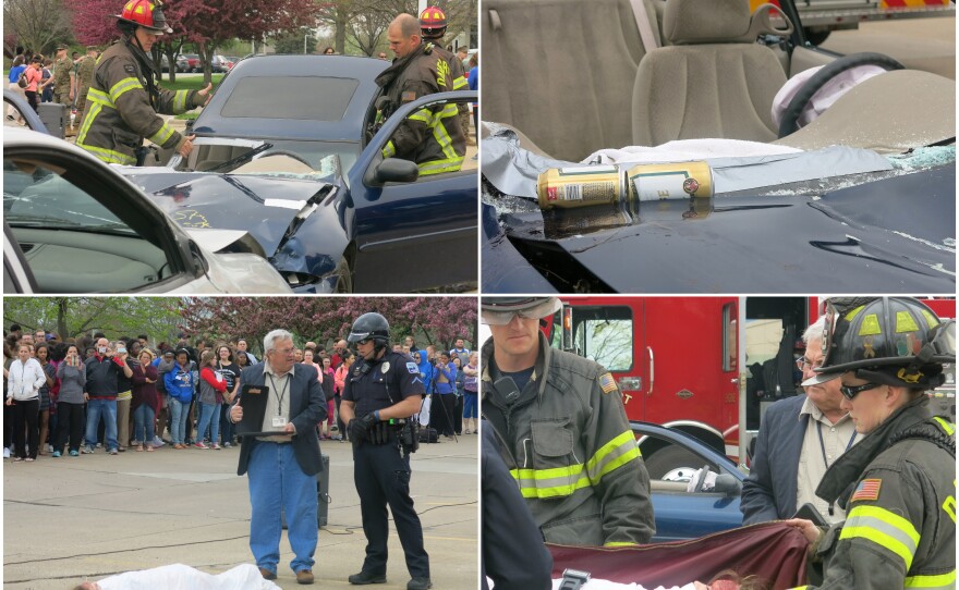 Collage of four photos: Simulation of a head-on crash, beer cans on the dash, coroner & officer with victim,  girl placed in a body bag