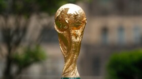 FILE - The FIFA World Cup Trophy is displayed before press conference at Rockefeller Plaza, June 16, 2022, in New York.