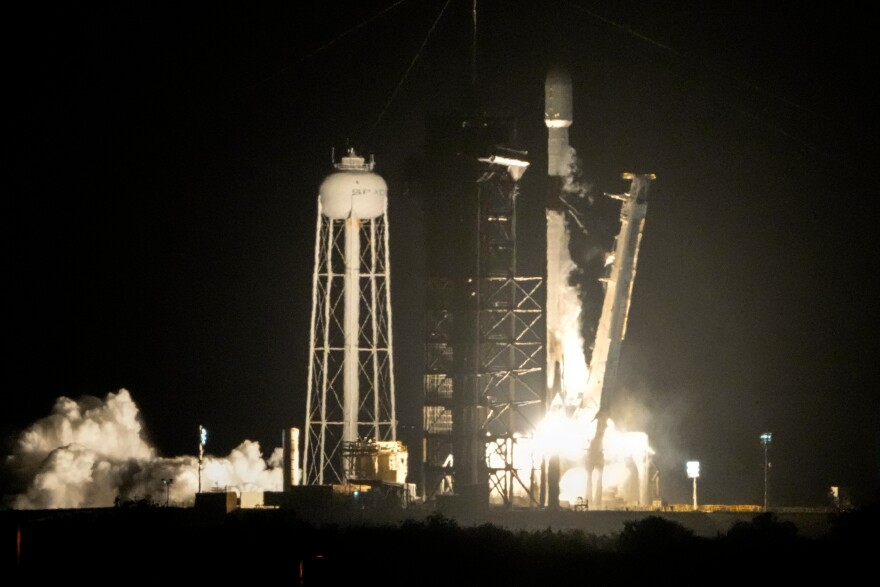 FILE - A SpaceX Falcon 9 rocket lifts off from pad 39A with a payload of a pair of lunar landers at the Kennedy Space Center in Cape Canaveral, Fla., Jan. 15, 2025.