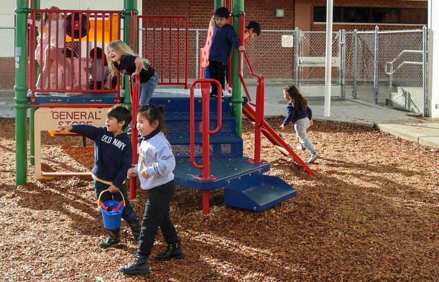Students play “zombie” during recess at an elementary school in Clovis.