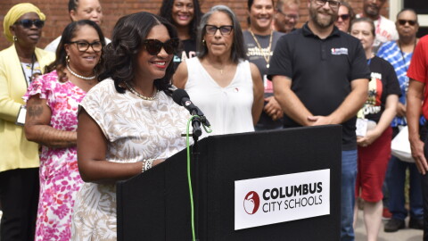 Columbus City Schools Superintendent Angela Chapman speaks at Salem Elementary School on August 19, 2026.