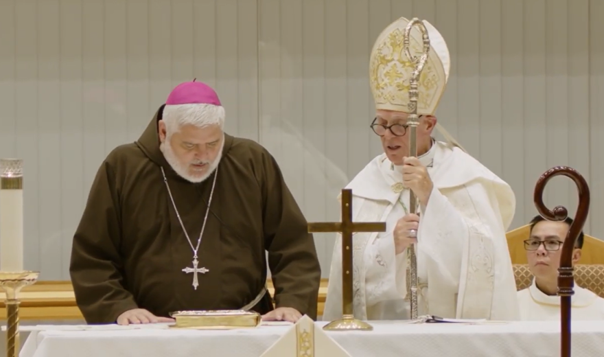 Bishop  Frank J. Dewane, right, at the ordination of Bishop Emilio Biosca Agüero, O.F.M. Cap., on Saturday, July 11, 2026, succeeding Bishop Dewane.
