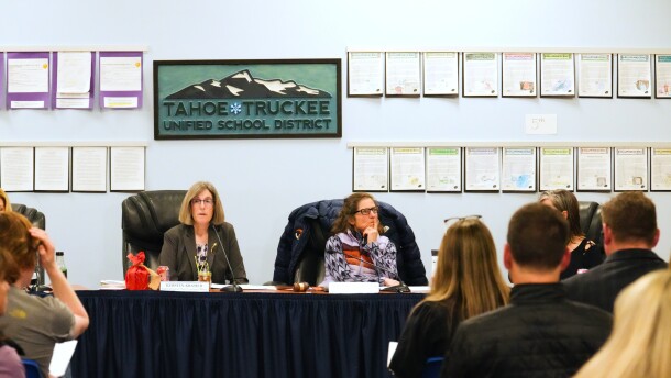The Tahoe Truckee Unified School district holds a meeting on Wednesday, Dec. 17, 2025 in Truckee, Calif. (AP Photo/Brooke Hess-Homeier)