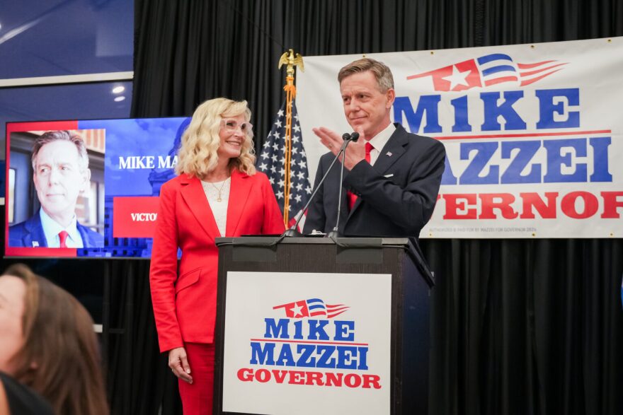 Mike Mazzei addresses his supporters on Tuesday, June 16, 2026, during Maze’s watch party in Bixby, Okla. Supporters gathered to watch results in the Republican primary election.