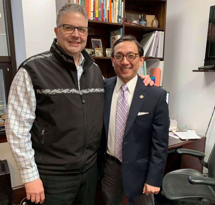 Mayor Jim Matherly, left, with state Sen. Scott Kawasaki during a 2019 visit to the Capitol in Juneau.