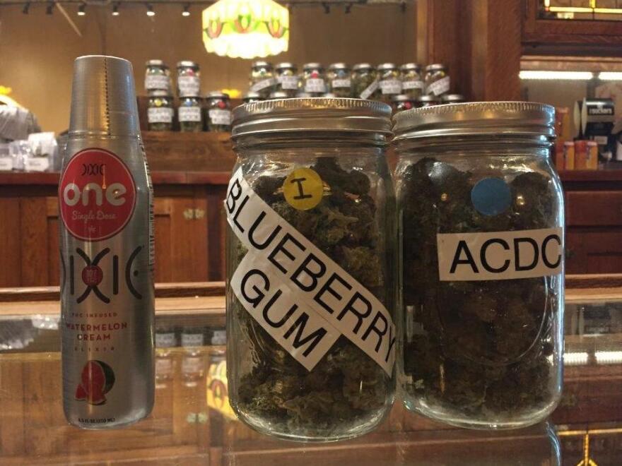 One 8.5-oz. serving of THC-laced beverage (left) alongside three ounces of dried marijuana (right).