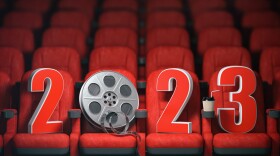  2023 year numbers in cinema red seats. 3d illustration
