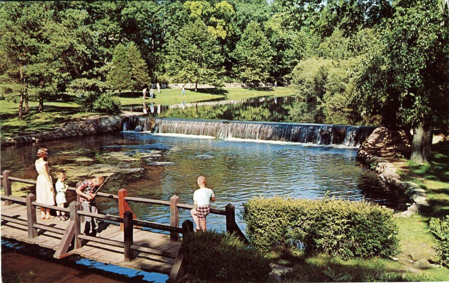 Over the years there have been exceptions to the city ban on fishing in Milham Park, as seen in this postcard from the 1960s. There are also newspaper accounts from the late 1950s on the results of a monthly fishing contest for children.