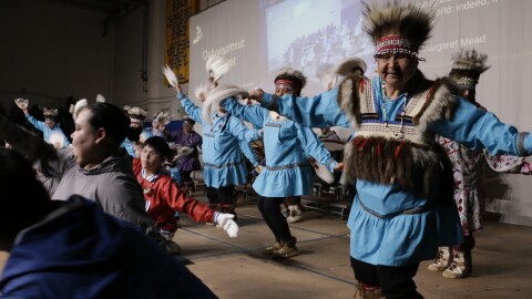 Cama'i 2026 Living Treasure Arevgaq Theresa John dances with the Qaluyaarmiut Yurartet group on March 27, 2026 in Bethel, Alaska.