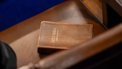 FILE - A Bible is seen on a chair in the U.S. House chamber in Washington, Jan. 6, 2023.