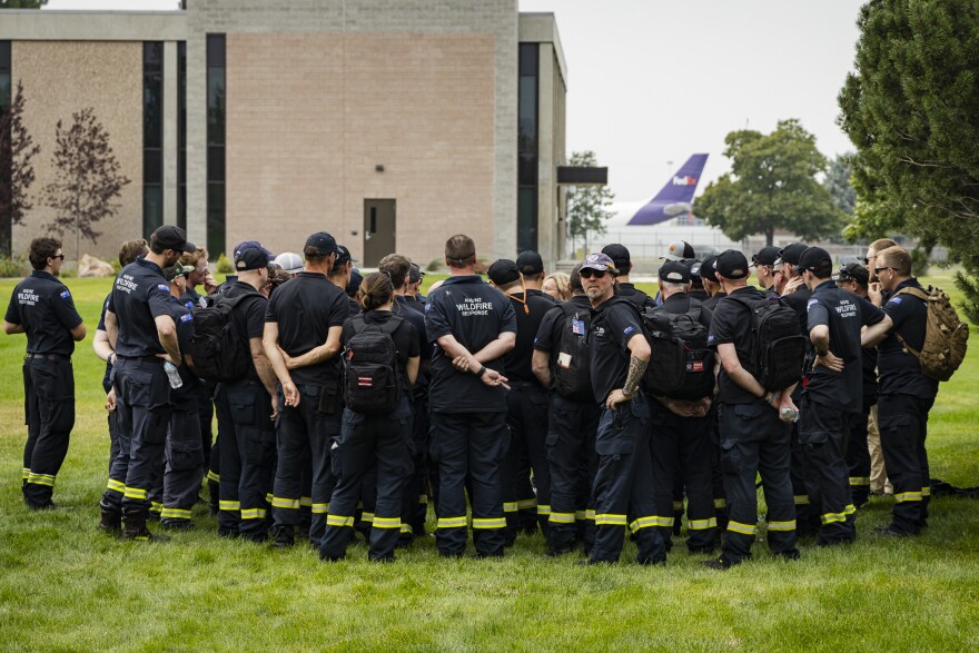 Some of the more than 240 Australian and New Zealander firefighters who recently trained at the National Interagency Fire Center in Boise.