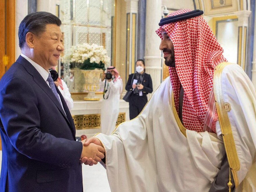 In this photo made available by Saudi Press Agency, Saudi Crown Prince and Prime Minister Mohammed bin Salman greets Chinese President Xi Jinping during the Gulf Cooperation Council Summit in Riyadh in December.