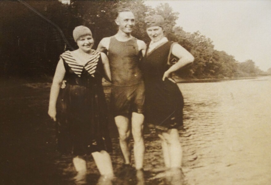 A group of summertime visitors take a break from swimming in the Meramec River to pose for a photo. The area now home to Castlewood State Park was once a bustling summer resort destination in the early 1900s.