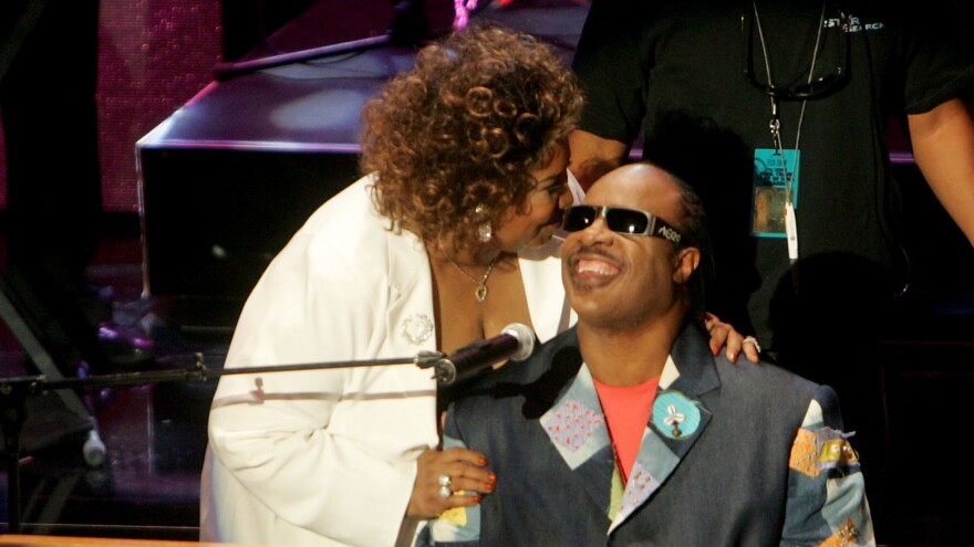 Aretha Franklin and Stevie Wonder onstage at the 10th Annual Soul Train Lady of Soul Awards, held at the Pasadena Civic Auditorium on September 7, 2005.