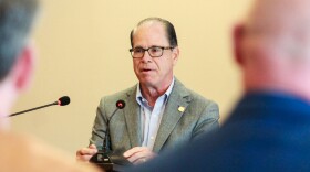 Gov. Mike Braun addressed a room full of administration officials and state lawmakers during a celebration of his first 100 days in office on April 30, 2025.