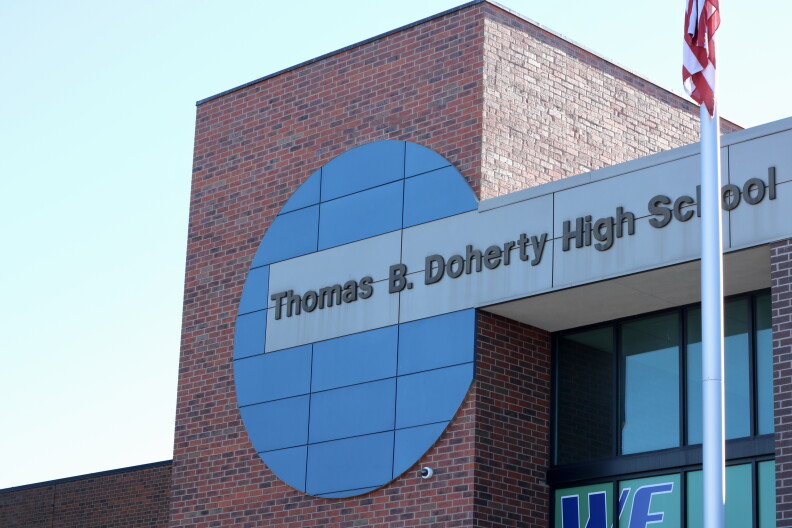 A close up shot of the entrance to Doherty High School