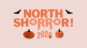 Simple pink and orange sign for "North Shorror! 2026" with two pumpkins and two bats flanking the text