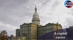 A photo of the state Capitol building, with a grey background. In the bottom right corner is a semi-opaque, semi-circle with the words "A capital career." In the top right corner is the It's Just Politics logo.