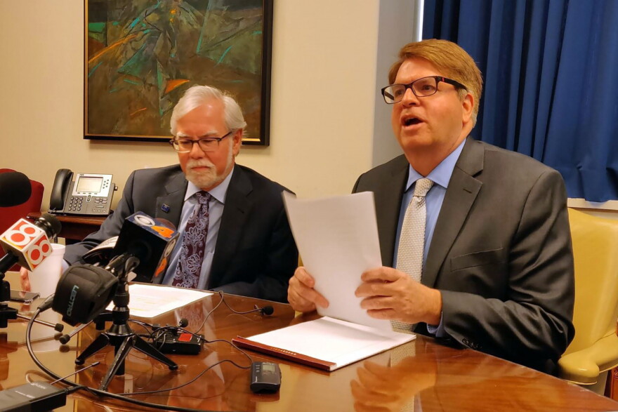 Statehouse Democratic leaders Sen. Tim Lanane (D-Anderson), left, and Rep. Phil GiaQuinta (D-Fort Wayne), right, say Republicans are "nibbling around the edges" to solve the state's problems.