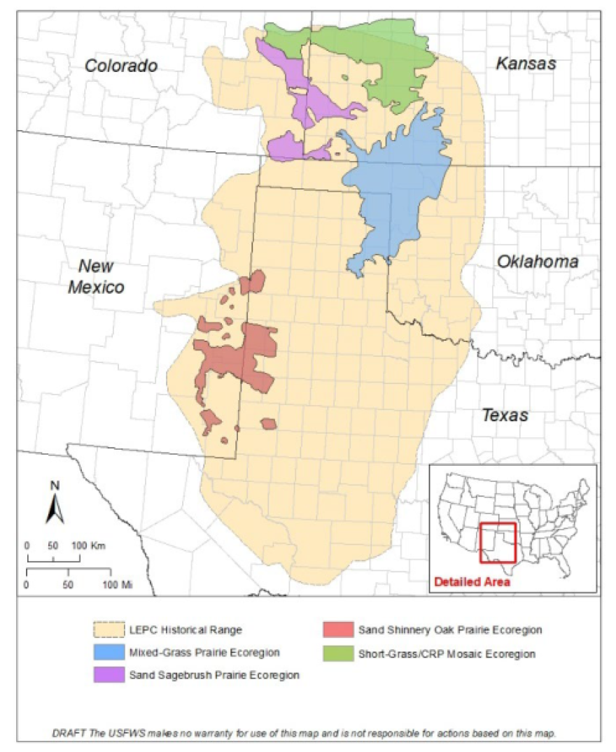 This U.S. Fish and Wildlife Service map estimates where lesser prairie chickens reside in the southern Great Plains.