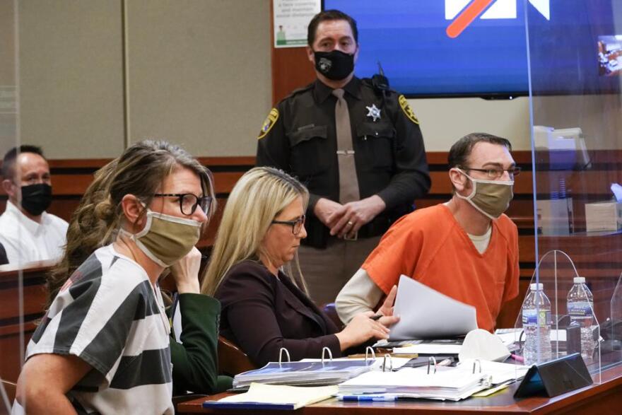 Jennifer Crumbley, left, and James Crumbley, right, the parents of Ethan Crumbley, a teenager accused of killing four students in a shooting at Oxford High School, appear in court for a preliminary examination on involuntary manslaughter charges in Rochester Hills, Mich. on Feb. 8, 2022. The Crumbleys return to court, Tuesday, March 22, for a pretrial hearing on involuntary manslaughter charges.