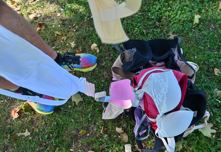 Russ Keeler takes off and makes a pile of bras. He plans on wearing 50 while running the Steamtown Marathon.
