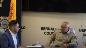 U.S. Rep. Gabe Vasquez (D-N.M.) (left) and Bernalillo County Sheriff John Allen discuss the use of drones for local law enforcement during a news conference Feb. 20, 2026, at the sheriff’s office headquarters in Albuquerque. Vasquez told Source NM that he supports the New Mexico Legislature’s passage of the Immigrant Safety Act. (Patrick Lohmann/Source NM)