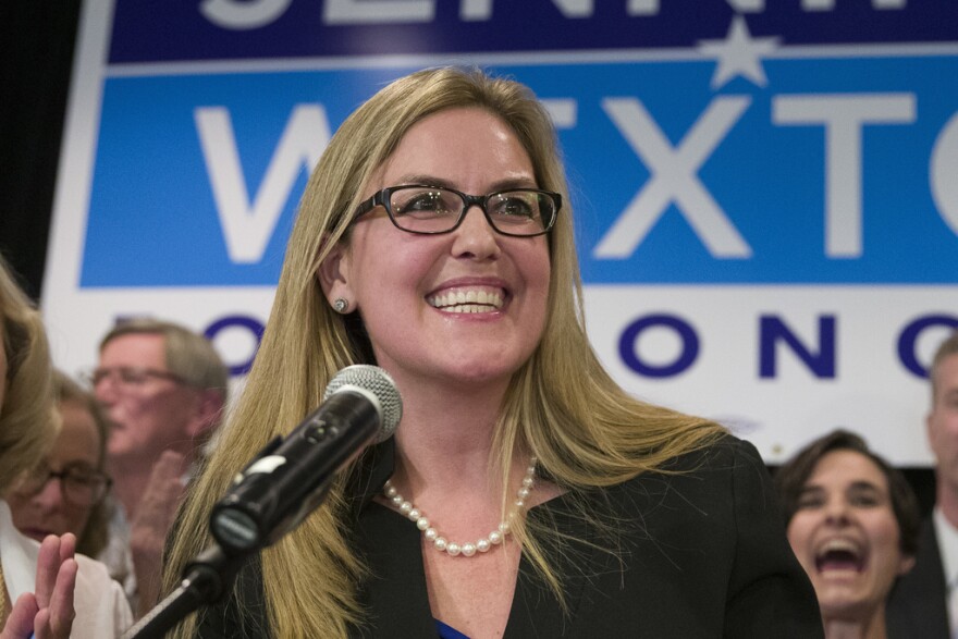 Democrat Jennifer Wexton speaks at her election night party after defeating Rep. Barbara Comstock, R-Va., Tuesday, Nov. 6, 2018, in Dulles, Va. Members of the House saved for likely the last vote of the year a bill they hope may one day stomp out Parkinson's disease. The bill is named for Rep. Jennifer Wexton, D-Va., and the brother of Rep. Gus Bilirakis, R-Fla., who passed away in May after a long battle with the disease. Wexton helped lead the charge for passing the bill.  