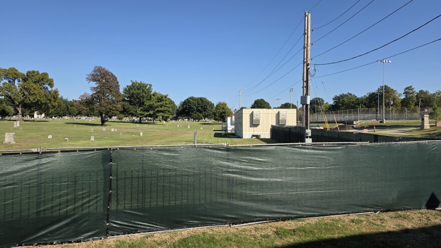 Temporary facilities erected prior to Tulsa's fifth excavation of Oaklawn Cemetery, as seen on Thursday, October 9, 2025.