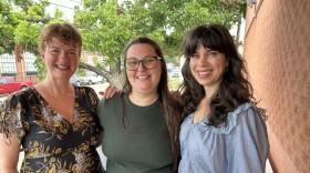 Nancy Nagrant (left) and Keaton Morris-Stan (right) pose for a photo with KWBU reporter Molly-Jo Tilton on July 16, 2026. Morris-Stan and Nagrant are in Waco scouting locations for their film, Gorgeous as you Are, which won the screenplay production grant at Waco Indie 2025.