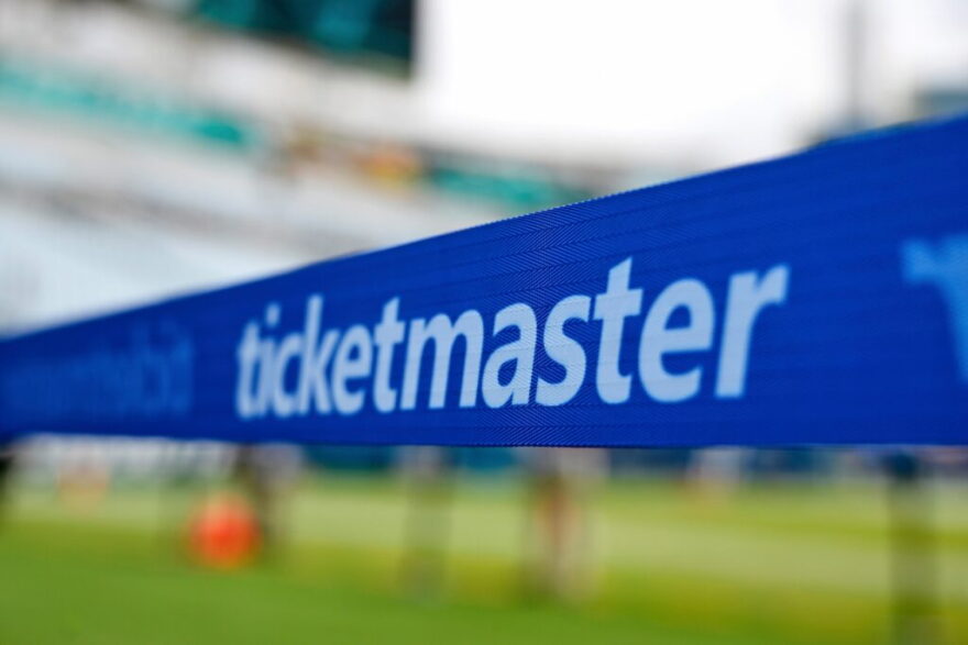 The Ticketmaster logo is seen along the sideline of the field before an NFL football game.