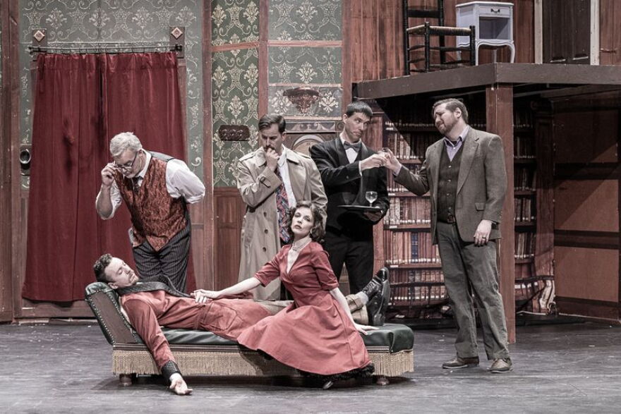 Actors pose for Kodiak Arts Council production of "The Play That Goes Wrong"
