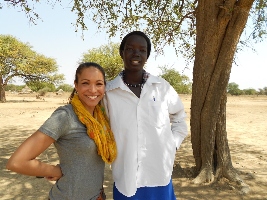 Hélène Biandudi with Angelina Mading, who is the first in her family to attend school in South Sudan.