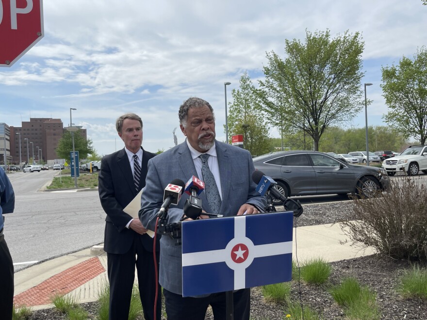 IMPD Chief Taylor and Indianapolis Mayor Joe Hogsett talk to media in April following a shooting.