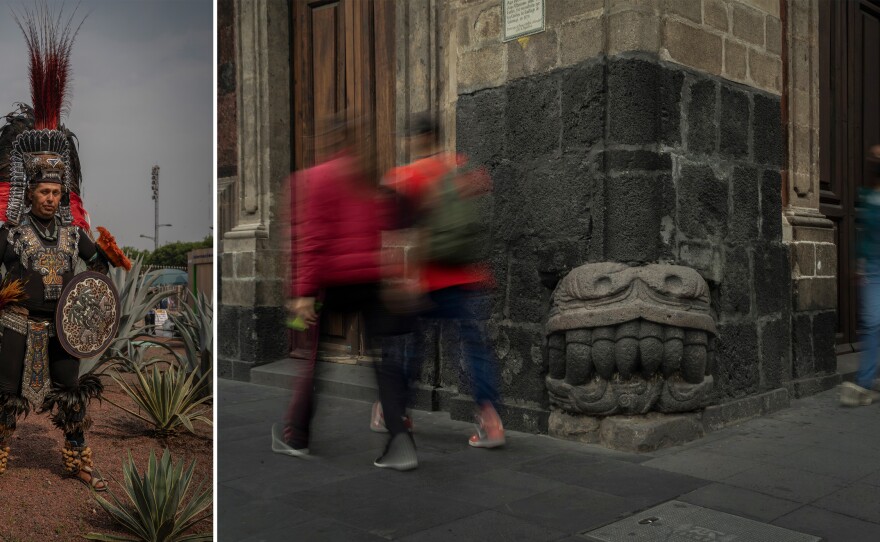 Left: A dancer poses in Aztec costume, in the Zócalo of Mexico City. The dance is meant to honor the gods and form a link with the cosmos. Right: A head of Quetzalcoatl, the feathered serpent, one of the most important gods of Mesoamerican culture, is seen at the base of a colonial building in downtown Mexico City.