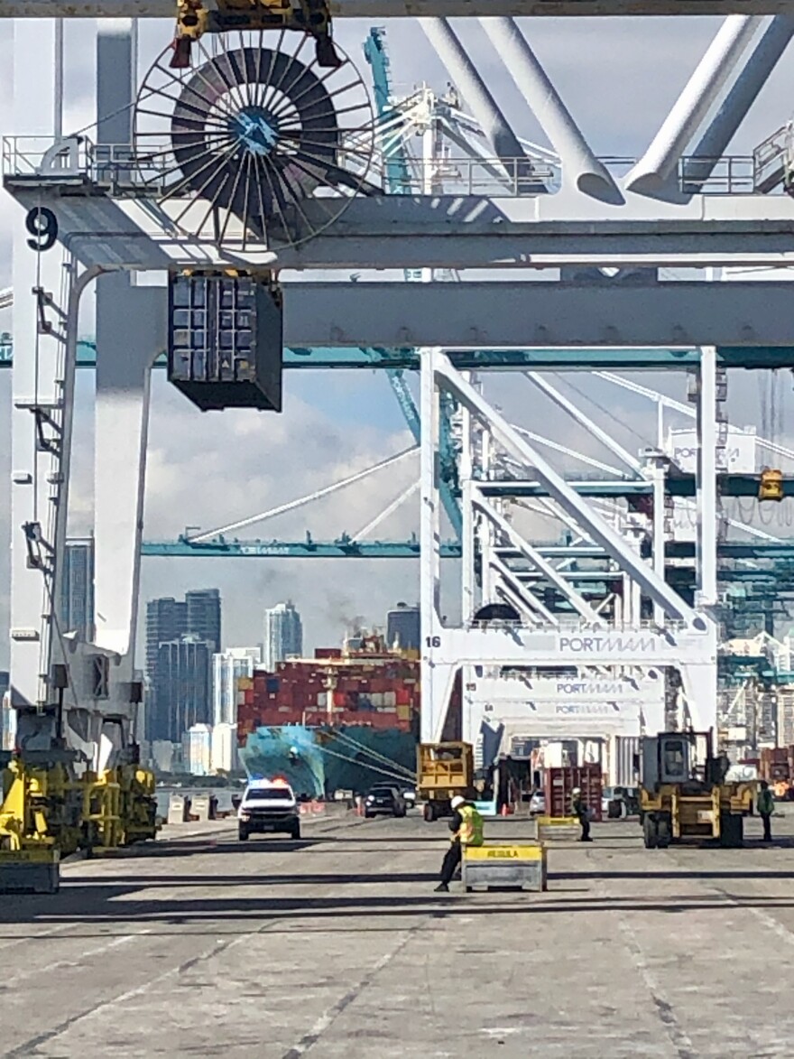 A line of gantry cranes used to load and unload ocean-going cargo ships on the south side of PortMiami, Jan. 21, 2021.