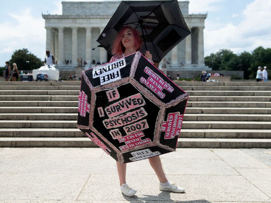 A #FreeBritney supporter shows her support in front of the Lincoln Memorial in Washington D.C. Rallies here held across the country in support of the pop star.