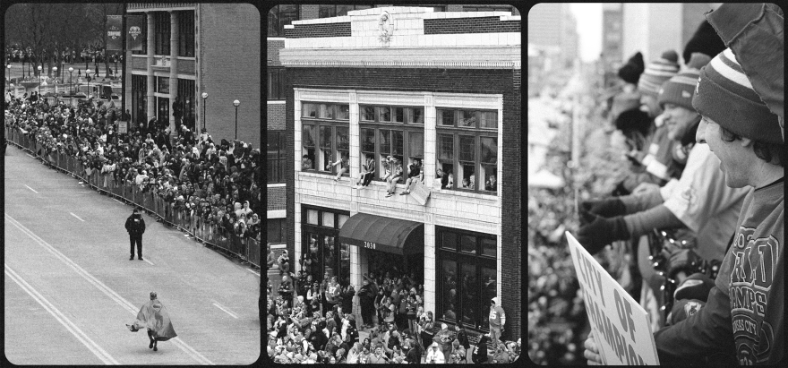  The view of Kansas City's Super Bowl parade on Feb. 15, 2023, from the Western Auto Lofts.