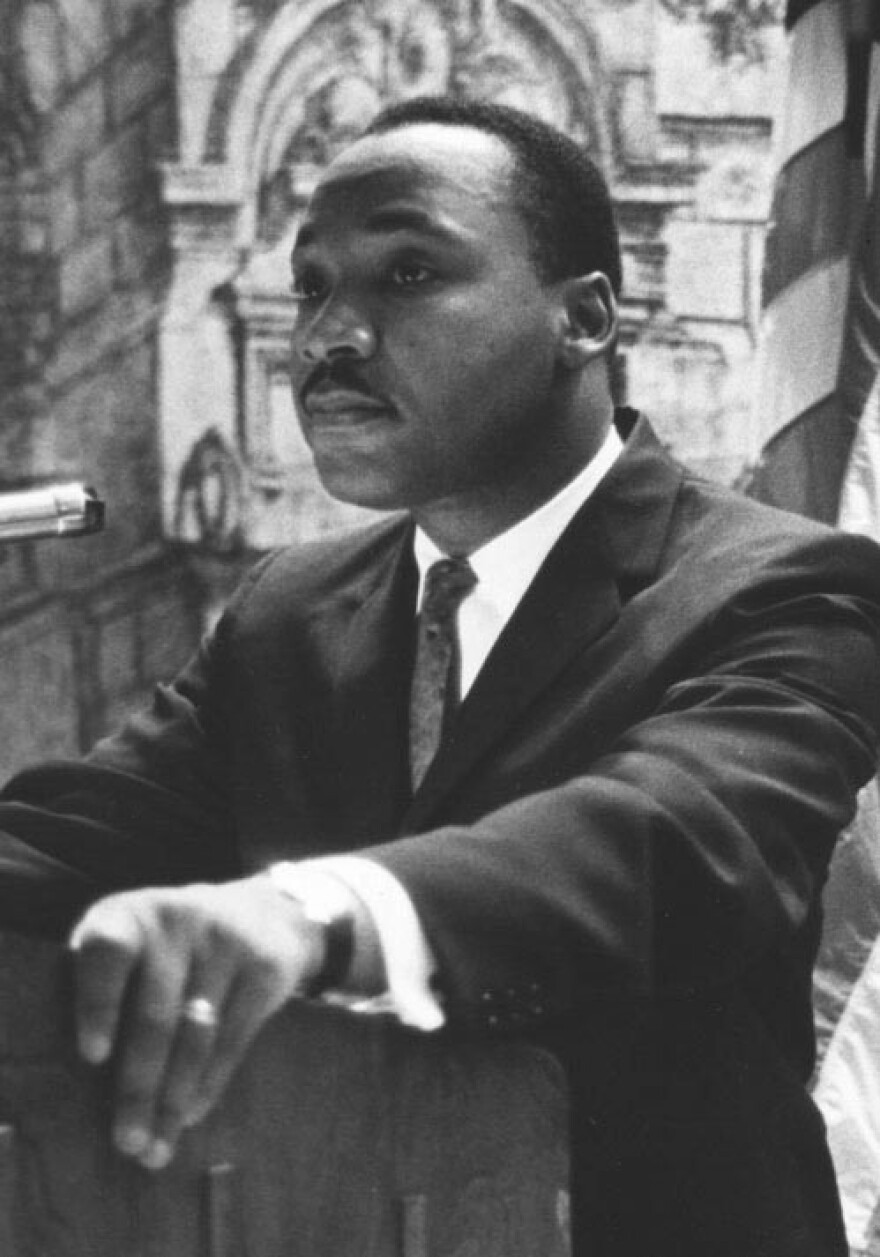 Detail of Dr. Martin Luther King, Jr. delivering his address to the New York State Civil War Centennial Commission at the Park Sheraton Hotel.